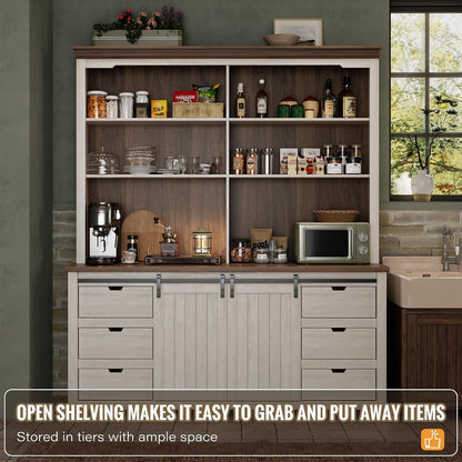 Sweet Memory 78.8" H Farmhouse Kitchen Hutch Cabinet with 3-Tier Open Shelves, Storage Pantry Cabinet with Wide Countertop, 6 Drawers and Barn Door Buffet Pantry with Storage for Dining/Living Room