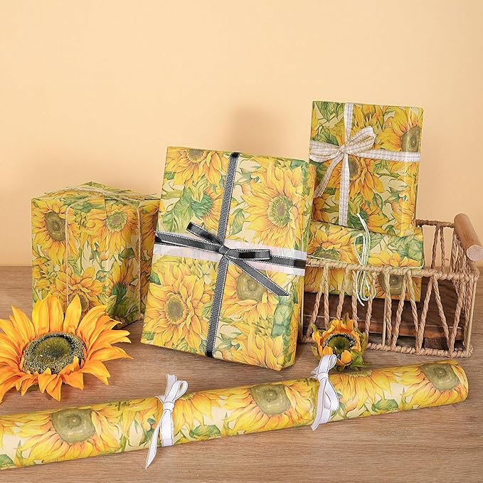 RUSPEPA Sunflower Wrapping Paper Roll for Women Girls, Mini Roll, Watercolor Sunflower Design, Fall Floral Kraft Gift Wrp Paper for Birthday, Thanksgiving, Autumn Gifts, 17 Inches x 16.4 Feet