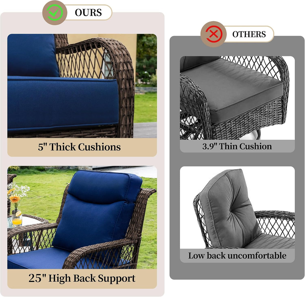 PIZZELLO Outdoor Swivel Rocker Chairs 5 Pieces Wicker Swivel Patio Chair w/Ottomans, Side Table, 5" Extra Thick Cushions and 25" Full Support Back, Patio Furniture Set for Outside Backyard