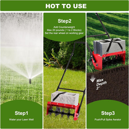 Lawn Aerator,16.5 inch Push Spike Aerator with Side skids, Height Adjustable Rear Wheel Pushed Aerator Lawn Tool, 2025 Upgraded Rolling Manual Tiller,Suitable for Lawn, Garden and Yard.