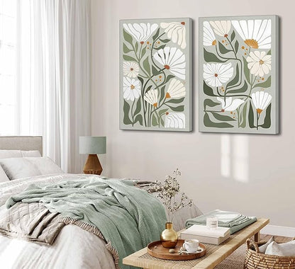 2 Pcs Boho Wildflowers Canvas Wall Art Green Bohemia Abstract Floral Botanical Painting Picture Wall Decor Poster Print Artwork for Living Room Bedroom Bathroom Home Decoration