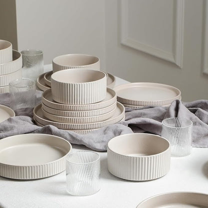 Stone Lain Haven Stoneware 16-Piece Dinnerware Set, Plates and Bowls Sets for 4, Dish Set, Includes Dinner sets, Salad Plates, Cereal Bowls, Glassware, Microwave & Dishwasher Safe, Beige