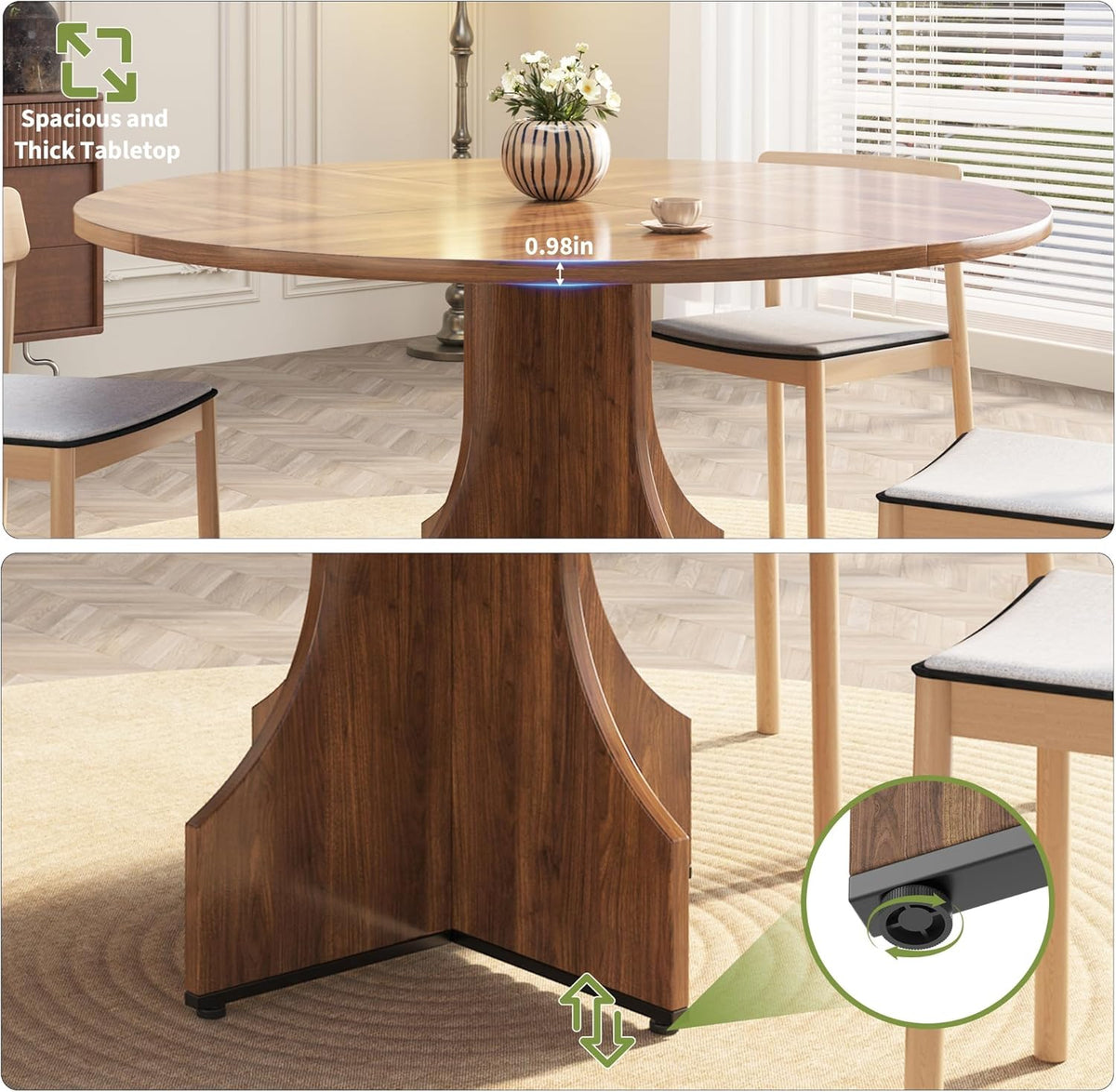Round Dining Table 47 Inch for 4-6 People, 0.98 Inch Thick Tabletop with Adjustable Feet, Sturdy Legs, Easy to Clean & Assemble, Modern Kitchen Dining Room Table for Small Space Apartment, Walnut Wood