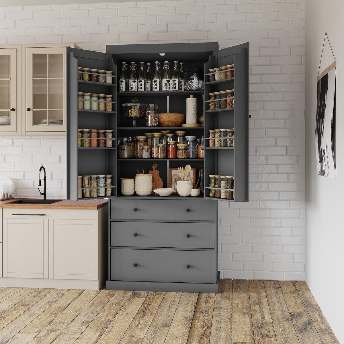 Kitchen Pantry Cabinet with Adjustable Shelves, 77 in | MDF, 4 doors, 8 door shelves, 3 adjustable shelves, slide-out compartments, kitchen pantry, 35 W x 17.7 D x 77 H in