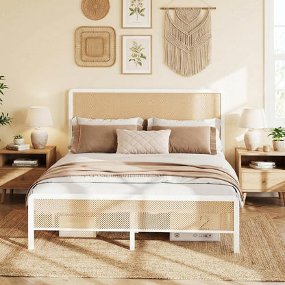 GAOMON Queen Size Rattan Bed Frame with Headboard, Modern Style Cane Boho Bed Frames with Heavy Duty Sturdy Steel Slat Support, No Box Spring Needed, White
