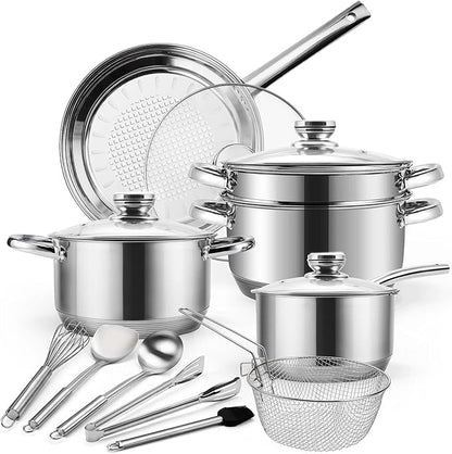 15-Piece Stainless Steel Cookware Set, Non-Toxic Pots and Pans Set with Glass Lids, Kitchen Induction Cookware with Steamer, Utensils Set & Fry Basket, Dishwasher & Oven Safe, Silver