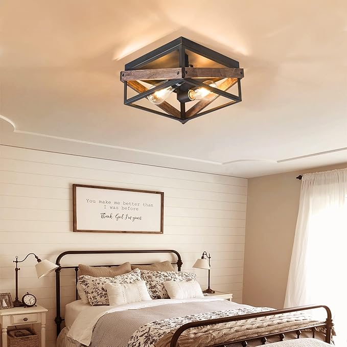 MAYNA 2-Light Rustic Ceiling Light Fixture, Farmhouse Flush Mount Ceiling Light, Metal and Wood Square Ceiling Lamp for Hallway Living Room Farmhouse, Antique Bronze Finish