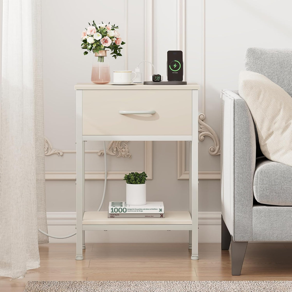 Vagusicc Nightstand with Charging Station, End Table with Fabric Drawer, Small Side Table with 2-Tier Storage Shelves, 25.4" Tall Night Stand, Bedside Table for Bedroom, Living Room, Dorm, Beige