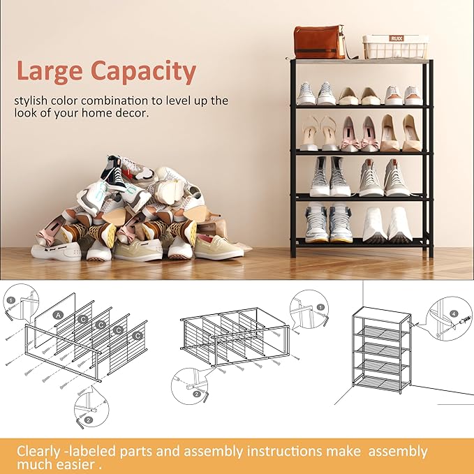 HOMEFORT 5 Tiers Shoe Rack Organizer,23" Shoe Storage Shelf for Closet, Shoe Rack for Entryway, Each Tier Fits 3 Pairs, Shoe Stand with Metal Shelves and MDF Top Board, Washed Gray