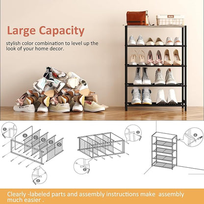 HOMEFORT 5 Tiers Shoe Rack Organizer,23" Shoe Storage Shelf for Closet, Shoe Rack for Entryway, Each Tier Fits 3 Pairs, Shoe Stand with Metal Shelves and MDF Top Board, Washed Gray