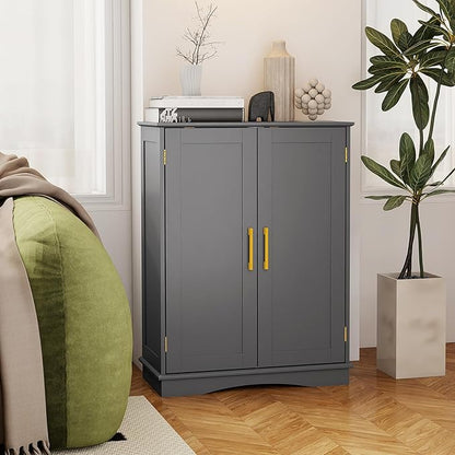 Tangkula Bathroom Floor Storage Cabinet, 31.5" H Freestanding Pantry Cabinet with 2 Doors and Adjustable Shelves, Kitchen Cupboard for Living Room, Dining Room, Bathroom (Gray, 31.5" H)