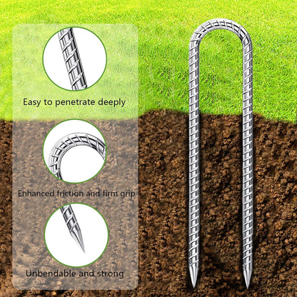 Rebar-Stakes-12-Inch-Galvanized, U Hook Trampoline Stakes 10 Pack Ground Anchors Tent Stakes Heavy Duty for Plants Anti-Rust Landscape Fabric Stakes Artificial Turf
