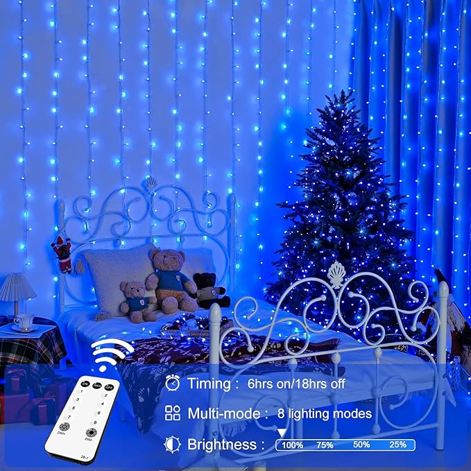 JMEXSUSS 300LED Christmas Curtain Lights, Blue Christmas Lights with Remote, Blue String Lights for Bedroom Wall Window Backdrop Garden Indoor Outdoor Patio Yard Porch Decorations, 9.8x9.8ft