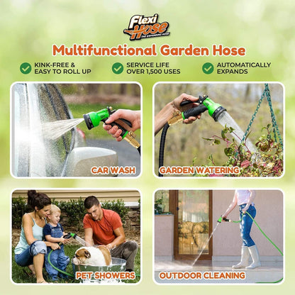 Flexi Hose Plus Expandable Garden Hose with 8 Function Nozzle, 25FT - Lightweight Retractable Garden Hose, Water Hose - No-Kink Flexibility, 3/4 Inch Solid Brass Fittings Includes Hook & Bag