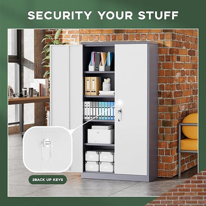 Greenvelly Metal Garage Storage Cabinet, 72”Locking Steel Storage Cabinet with 2 Doors and 4 Adjustable Shelves for Home Office,School,File(Gray White)