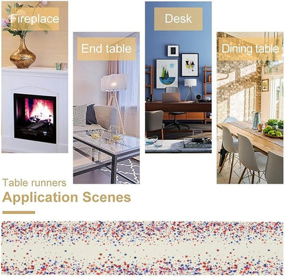 Independence Day Table Runner, 4th of July Red Blue Stars American President Day Holiday Confetti Print Table Cover for Kitchen Dining Table Indoor Outdoor Party, 13x90inch