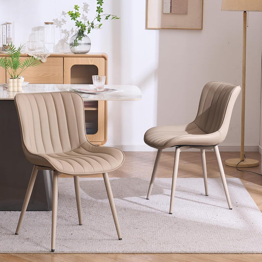 YOUNUOKE Mid-Century Modern Dining Chairs Set of 2, Khaki PU Leather Upholstered Kitchen Chairs with Khaki Metal Legs, Armless Accent Chair for Dining Room, Guest Reception Room