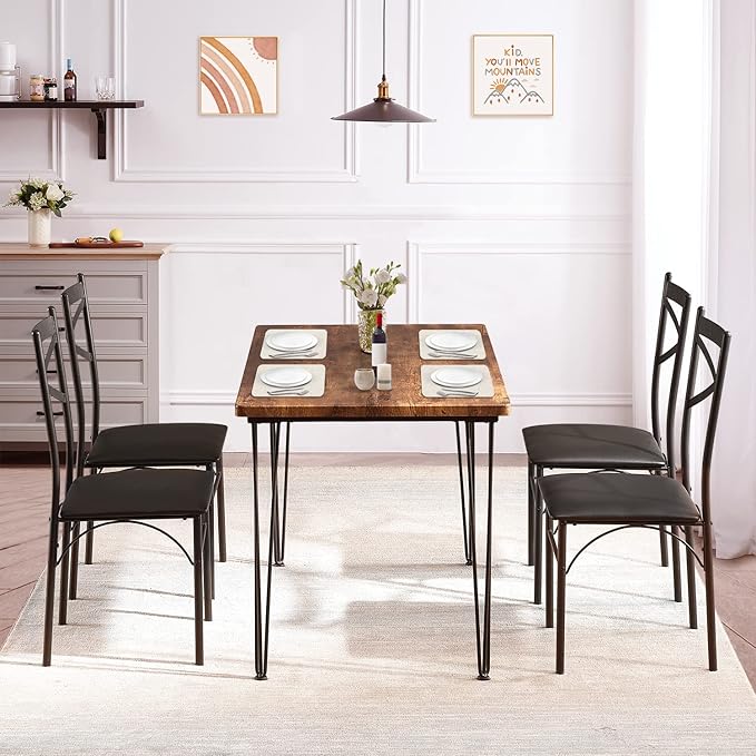 VECELO 5-Piece Dining Table Set for Home Kitchen Small Space Breakfast Nook, 4 Faux Leather Metal Frame Chairs, Retro Brown