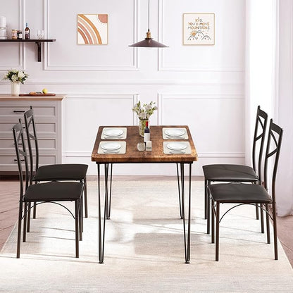 VECELO 5-Piece Dining Table Set for Home Kitchen Small Space Breakfast Nook, 4 Faux Leather Metal Frame Chairs, Retro Brown