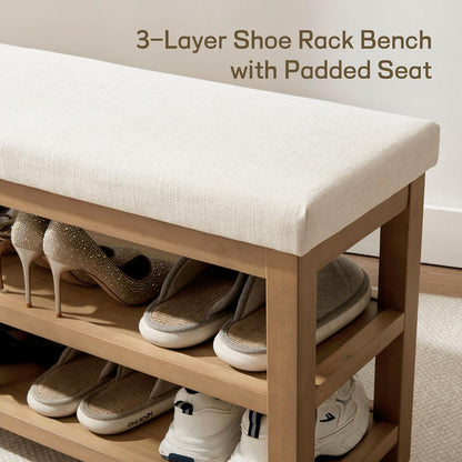 Zihanhome 2 Tier Shoe Rack Bench with Cushion, Solid Wood Shoe Benches, Mid-Century Modern Shoe Storage Bench for Entryway, Hallway, Living Room, Closet, Front Door Entrance, (Beige, 39.4")