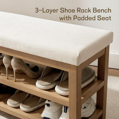 Zihanhome 2 Tier Shoe Rack Bench with Cushion, Solid Wood Shoe Benches, Mid-Century Modern Shoe Storage Bench for Entryway, Hallway, Living Room, Closet, Front Door Entrance, (Beige, 46.5")