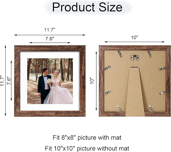 10x10 Picture Frame Set of 4 with Real Glass, Rustic Frames Display 8x8 Picture with Mat or 10 x 10 Without Mat, Wooden Square Photo Frame for Wall Mount and Tabletop Display