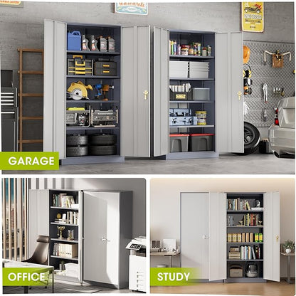 Greenvelly Metal Garage Storage Cabinet, 72”Locking Steel Storage Cabinet with 2 Doors and 4 Adjustable Shelves for Home Office,School,File(Gray White)