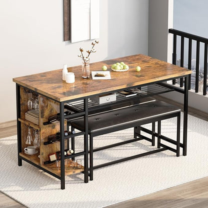 AWQM Space Saving Dining Table Set for 2-4 People, 53" Kitchen Table with 2 Upholstered Bench, Dinner Table with Wine Rack Glass Holder and Storage Shelf, 3-Piece Dinette Table for Small Apartment