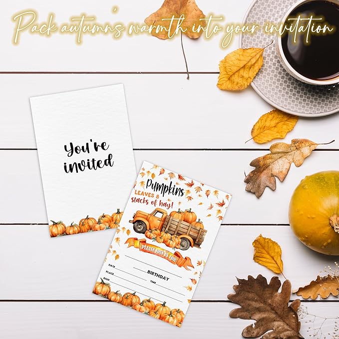 Leaves & Stacks Of Hay Birthday Party Invitation - Set Of 20 Fall Pumpkin Invite Cards With Envelopes - Autumn Birthday Invitation Cards For Boys Girls - Thanksgiving Birthday Party Supplies Decor-A06