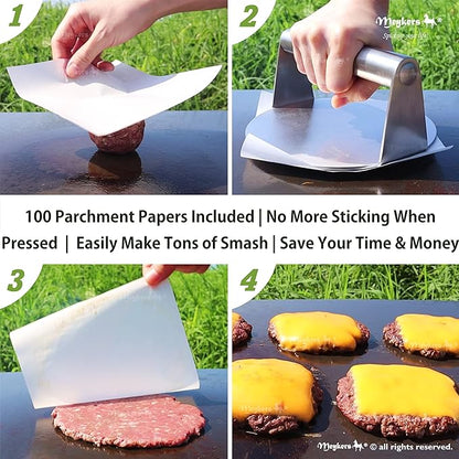 Meykers Burger Smasher 6.3" Smash Press Hamburger & 100 Patty Paper | for Griddle Grill Pan Skillet | Weight Gain Flat Presser Smashburger Maker 304 Stainless Steel | Meat Bacon Sandwich Tool Kit