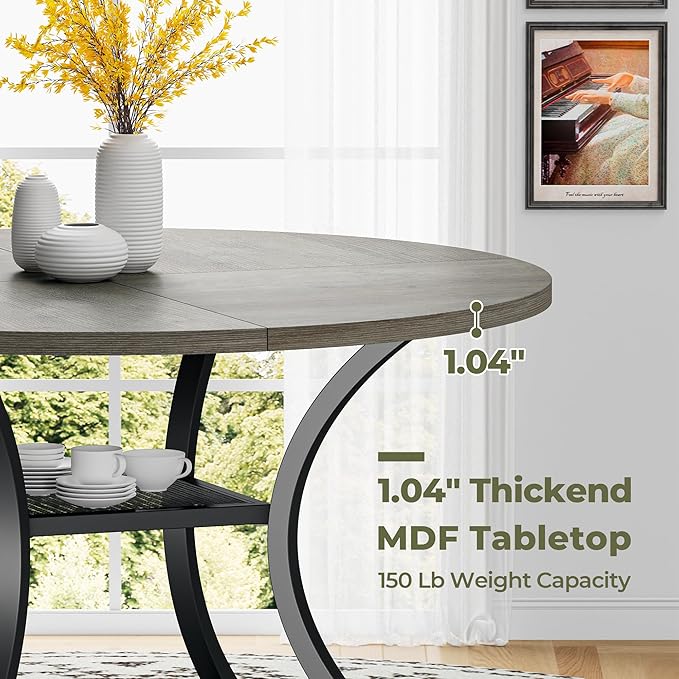IRONCK 47.2" Round Dining Table for 4, Wood Kitchen Table with Storage Shelf for Dining Room, Dinner Table with Wooden Tabletop and Metal Base, Gray