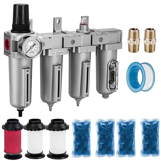 NANPU 3/4" NPT Industrial Grade 4 Stage Air Drying System - Double Particulate Filters, Coalescing Filter, Desiccant Dryer & Air Regulator, Metal Bowl, Auto Drain, for Paint Spray＆ Plasma Cutter