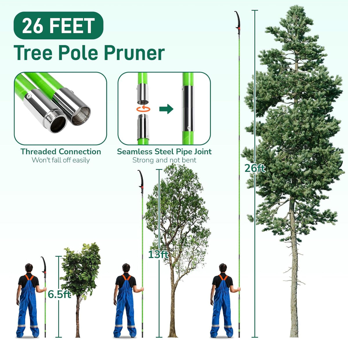 Outvita Manual Pole Saw, 26 Feet Extendable Tree Pruner with Knives and Storage Pocket, Sharp Steel Blade and Scissors High Branches Trimming for Pruning Palms and Shrubs