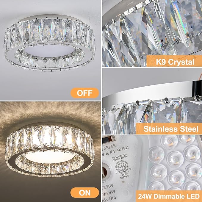 Dimmable Modern Luxury Crystal LED Flush Mount Ceiling Light,11 Inch 24W/5CCT 3000K-6000K Chrome Small Close to Ceiling Lighting Fixtures for Kitchen,Entryway,Laundry Room,Porch,Hallway