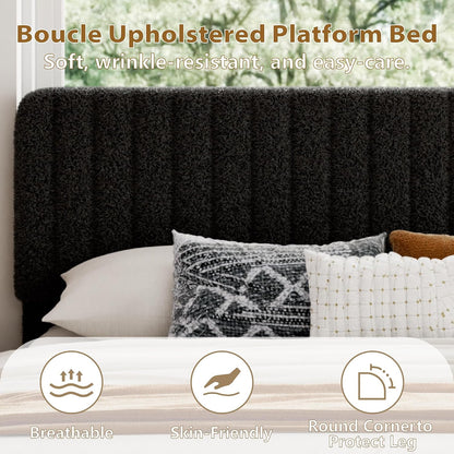 Queen Size Boucle Bed Frame, Upholstered Cloud Platform Bed Frame with Adjustable Headboard, Vertical Tufted, Soft Rounded Corners, No Box Spring Needed, Noise Free Design, Easy Assembly, Black