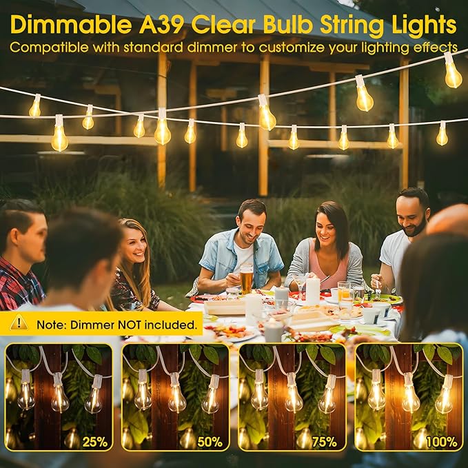 100FT Outdoor String Lights, LED Patio Lights with 42 Waterproof Shatterproof Dimmable A39 Hanging Bulbs(2 Spare) for Garden Wedding-White