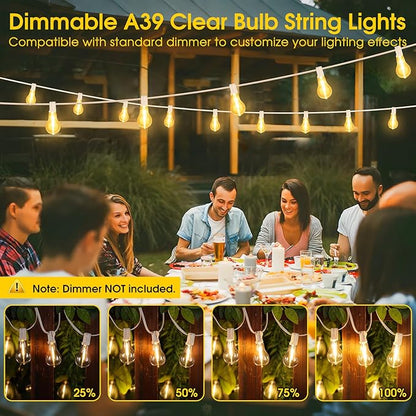 100FT Outdoor String Lights, LED Patio Lights with 42 Waterproof Shatterproof Dimmable A39 Hanging Bulbs(2 Spare) for Garden Wedding-White