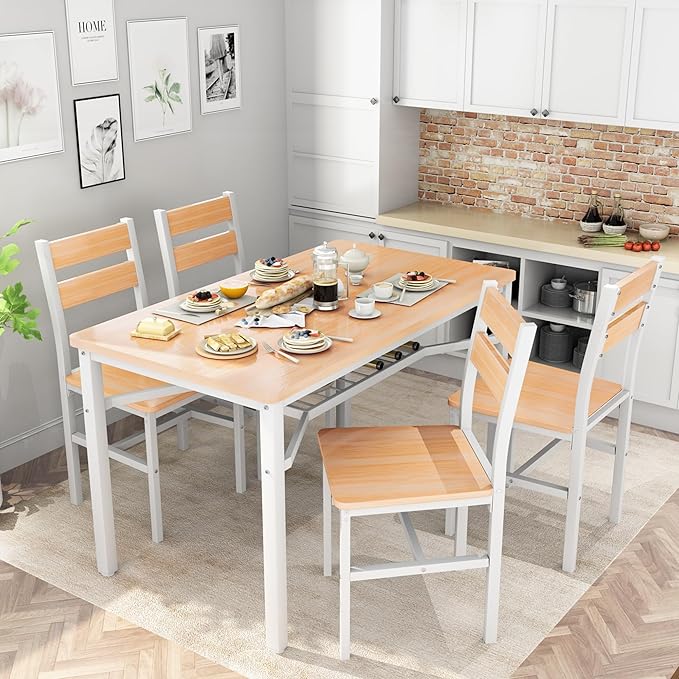 Hooseng Dining Table Set for 4, Wood Kitchen Table Chairs Set with Storage, Farmhouse 5 Piece Dining Room Table Set, Space-Saving Dinette Set for Breakfast Nook, Apartment
