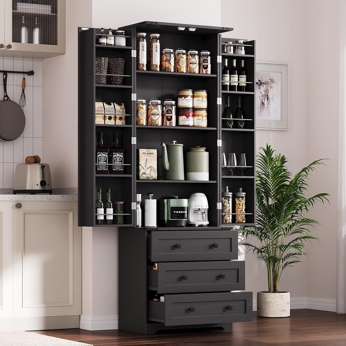 72'' Tall Kitchen Pantry Cabinet, Freestanding Tall Cupboard Storage Cabinet with 2 Barn Doors & 3 Drawers, Adjustable Shelves, Large Farmhouse Pantries for Living Room, Dining Room