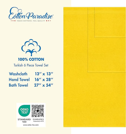 Cotton Paradise 6 Piece Towel Set, 100% Cotton Soft Absorbent Turkish Towels for Bathroom, 2 Bath Towels 2 Hand Towels 2 Washcloths, Yellow Towel Set