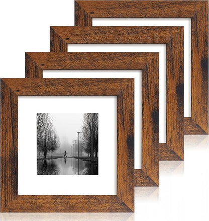 6x6 Picture Frame Set of 4 with Real Glass, Rustic Frames Display 4x4 Picture with Mat or 6 x 6 Without Mat, Square Photo Frame for Wall Mount and Tabletop Display