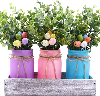 DIYDEC 3PCS Easter Mason Jars 3 * 5Inch Easter Painted Tiered Tray Decorative Jars with Wood Tray &Artificial Flowers Farmhouse Bottles for Holiday Spring Home Table Centerpiece Decor Gifts