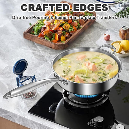 EWFEN 12 Inch Tri-Ply Stainless Steel Frying Pan, 5-Quart Deep Saute Pan with lids, PFOA&PTFE Free Skillet, Induction Cooking Pan, Dishwasher&Oven Safe,Works on All Cooktops