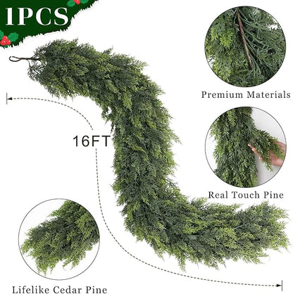 Real Touch Cedar Garland - Artificial Christmas Garlands Faux Green Cedar Fake Pine Needles Garland for Fireplace,Table, Stairs, Mantle, Window,Indoor Outdoor,Home,Holiday Decor(1 PCS,16 FT)