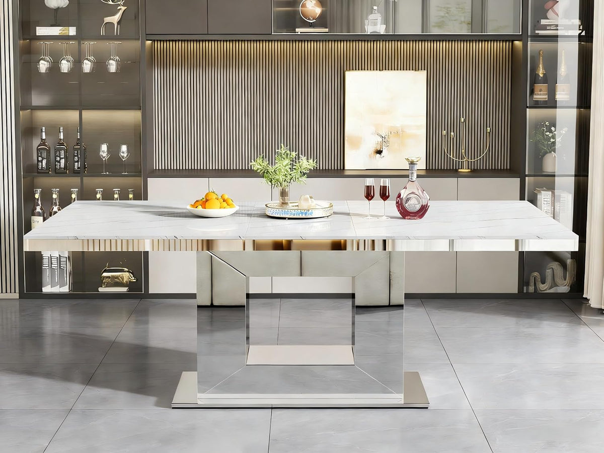 94 in Large Extendable Dining Table for 6 8 10, White Marble Pattern Top & Silver Mirrored Base, 3 Position Expansion 63" to 94", Modern Luxury Expandable Dining Room Table for Dinner Family Gathering