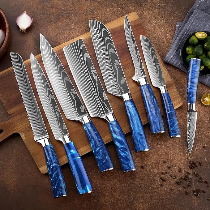 SENKEN 8-Piece Japanese Knife Set - Blue Resin Handle, Laser Damascus Blades - Chef's, Santoku, Bread & Paring Knives