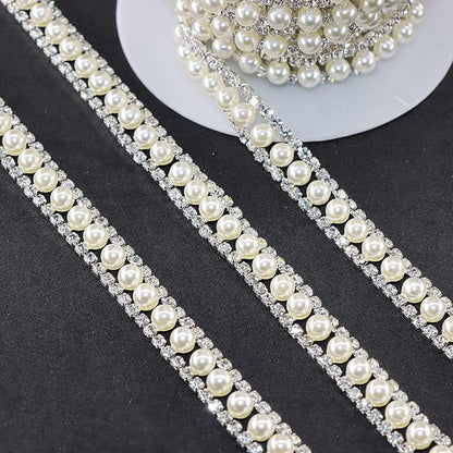 Jerler Rhinestone Trim Applique 1 Yard 2 Rows Crystal Chain Banding Diamond Inlaid White Pearl Beaded Rhinestones for Crafts Clothing and Bridal Embellishments Wedding Ideas Christmas Decorations