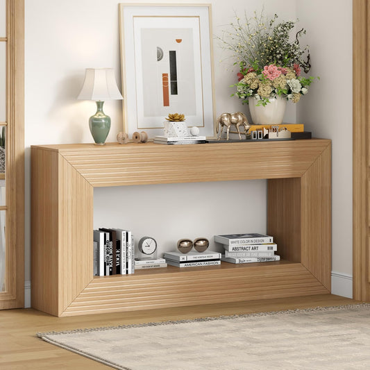 Gyfimoie 55" Console Table, 2-Tier Farmhouse Sofa Table with Storage Behind Couch, Narrow Rectangular Entryway Table for Living Room, Hallway, Entrance, Foyer, Natural