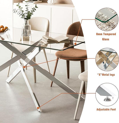 60" Rectangular Glass Dining Table Modern Kitchen Glass Top Table for 6 with Silver Metal Legs, Clear Dining Table Kitchen Table for Home Office Dining Room