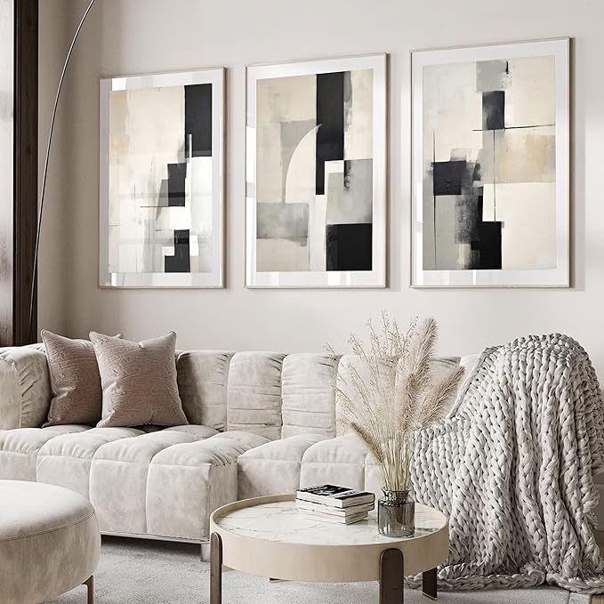 3Pcs Neutral Abstract Canvas Wall Art Pictures Modern Minimalist Posters Prints Beige Black Simple Wall Decoration for Living Room Bedroom Bathroom Office 12x16in Unframed